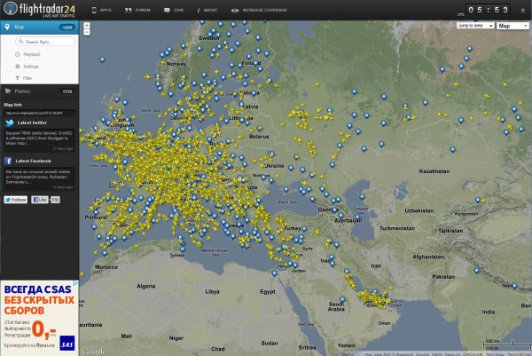 Карта с самолетами в реальном времени мира